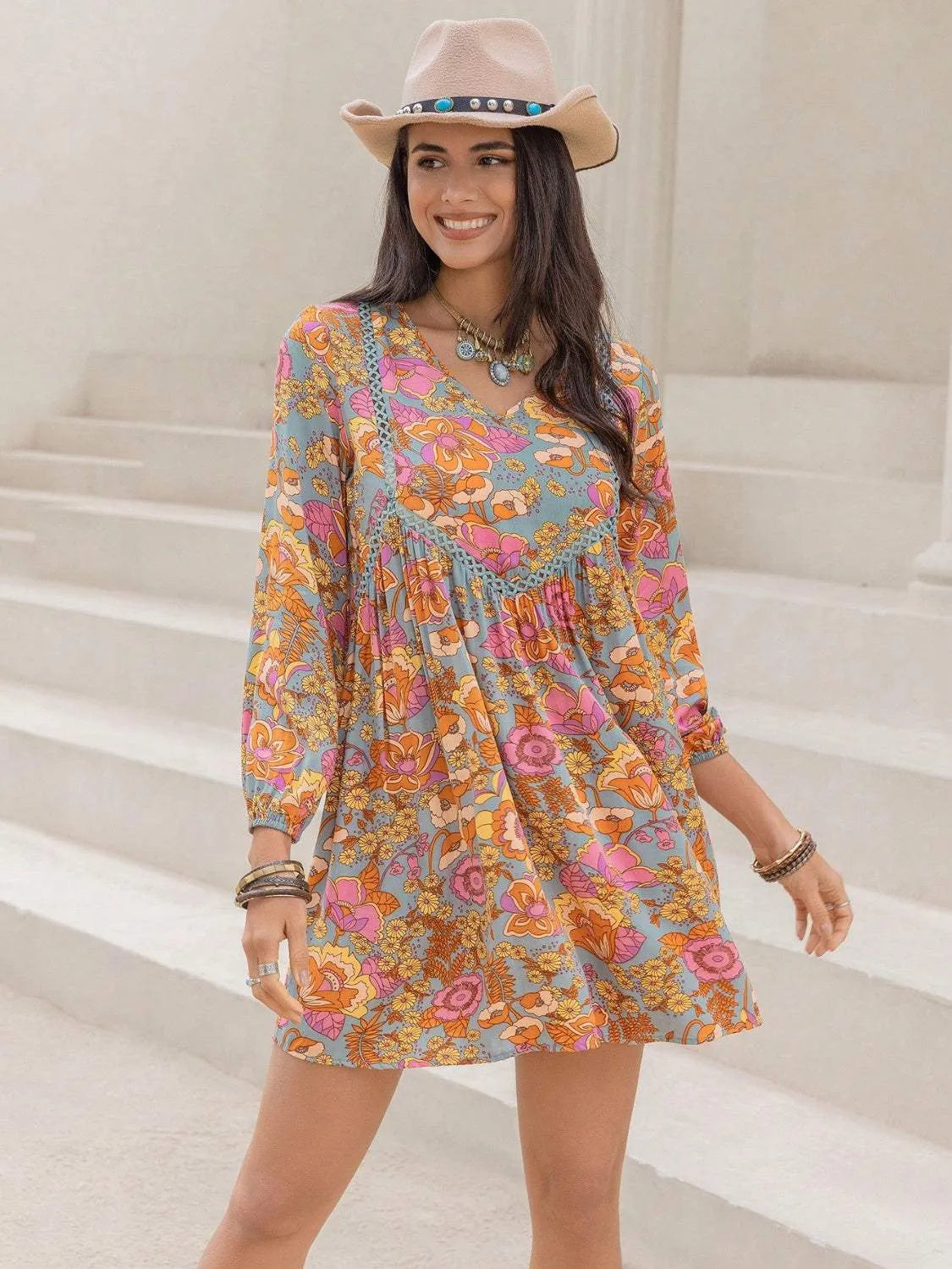 Printed V-Neck Balloon Sleeve Mini Dress Multicolor Casual Dresses - Tophatter Daily Deals